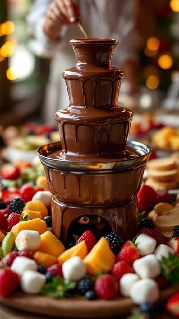 A chocolate fondue fountain surrounded by various fresh fruits and snacks.