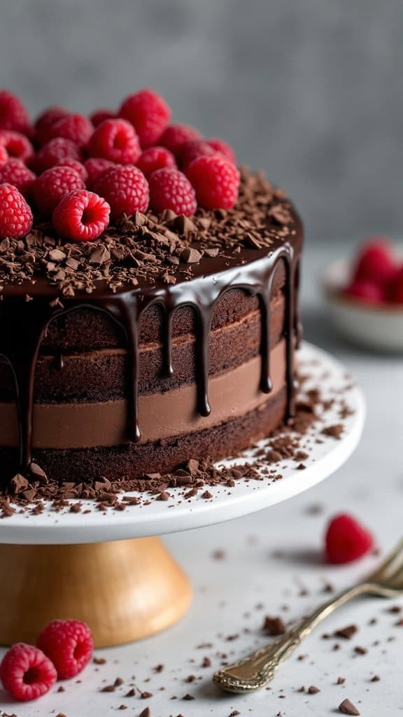 A chocolate ganache layer cake decorated with raspberries and chocolate shavings on a cake stand.