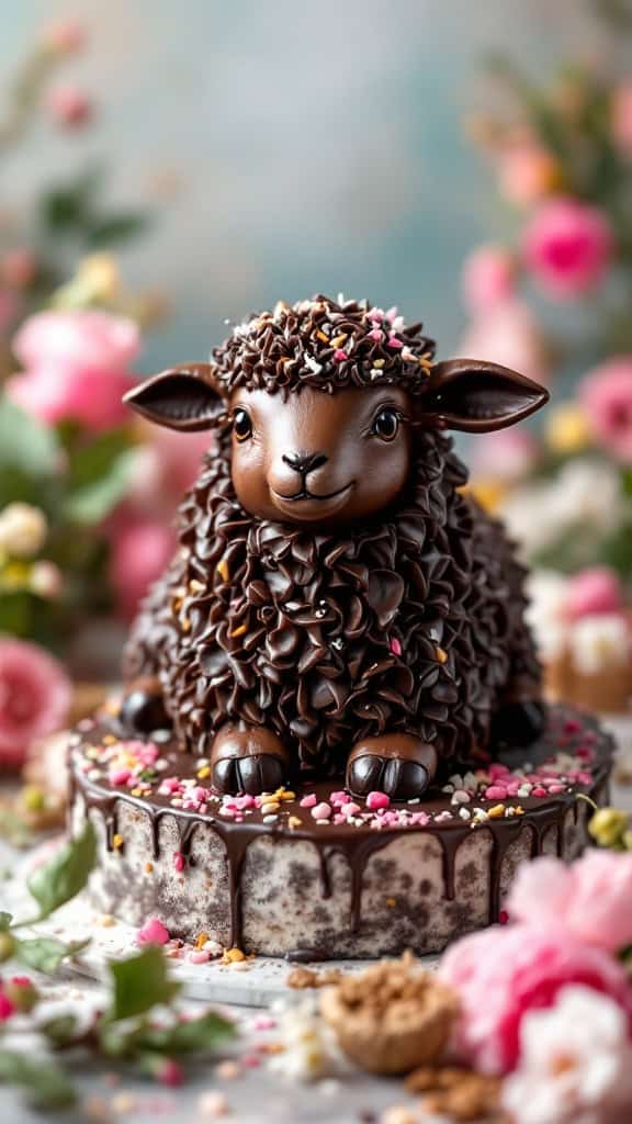A chocolate lamb cake decorated with ganache and sprinkles, surrounded by flowers.
