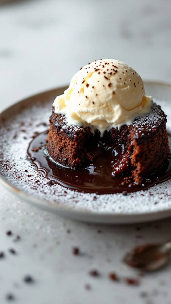 A chocolate lava cake with a scoop of vanilla ice cream on top, served on a plate.