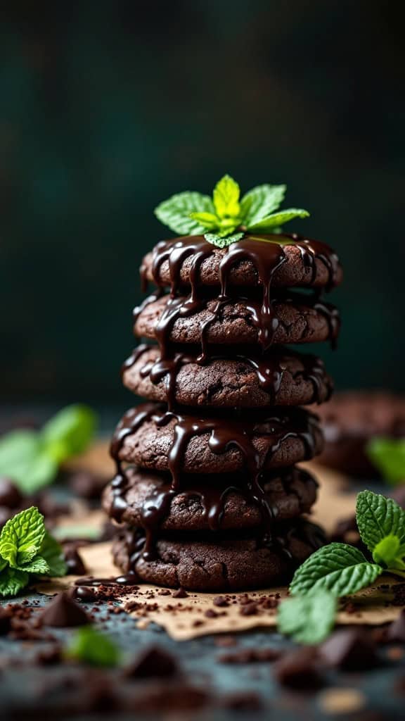 A stack of chocolate mint cookies drizzled with chocolate sauce and garnished with mint leaves.