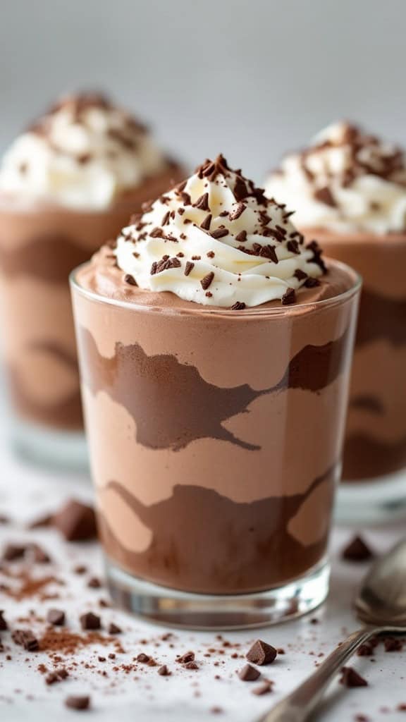 Two chocolate mousse parfaits topped with whipped cream and chocolate shavings, with chocolate pieces scattered around.