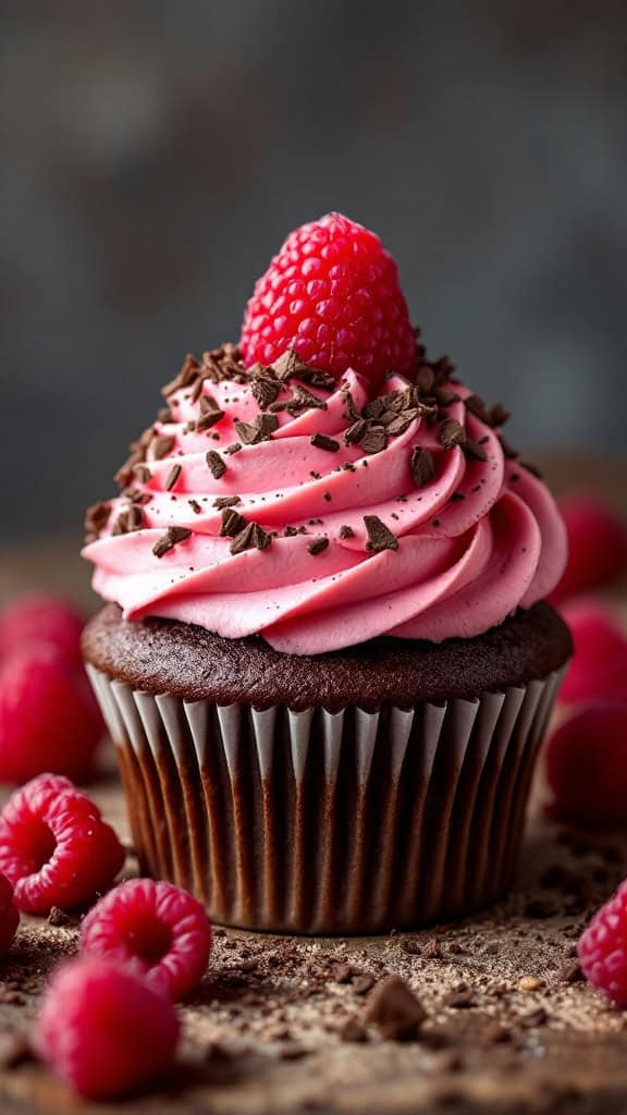 A chocolate cupcake with raspberry frosting and a raspberry on top.