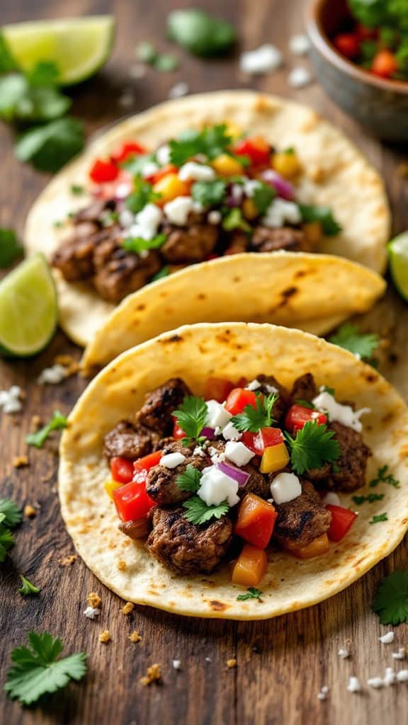 Cilantro-lime lamb tacos topped with colorful veggies and herbs