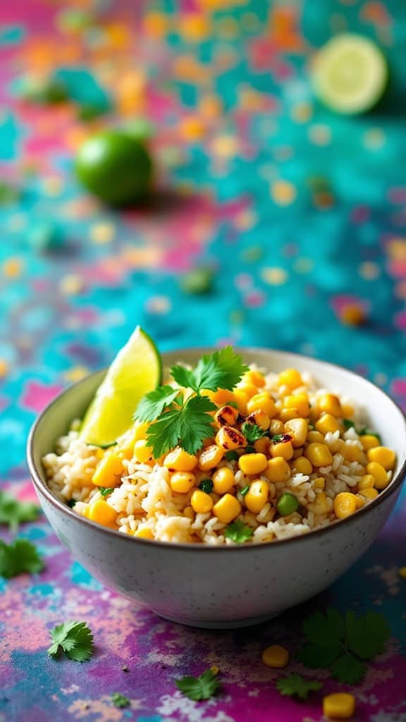 A bowl of cilantro lime rice topped with grilled corn and garnished with lime and cilantro on a colorful background.