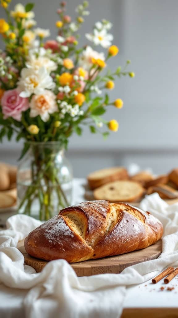 A beautifully baked cinnamon and clove spiced bread on a wooden board with flowers in the background.