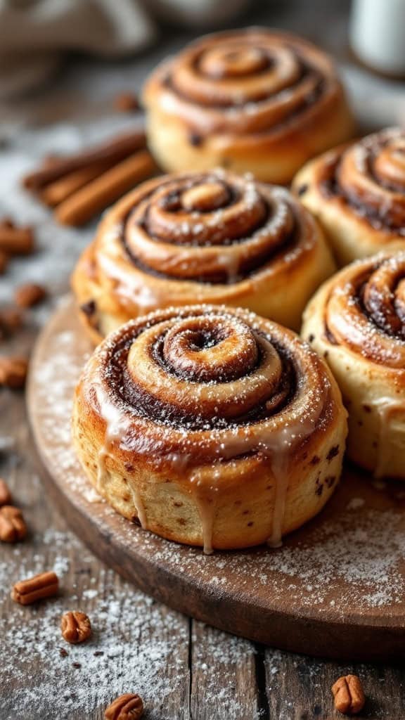A freshly baked cinnamon raisin Easter buns with icing on a wooden board.