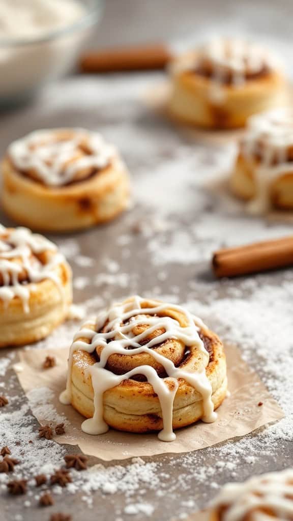 Cinnamon roll biscuits drizzled with icing on a surface sprinkled with flour.
