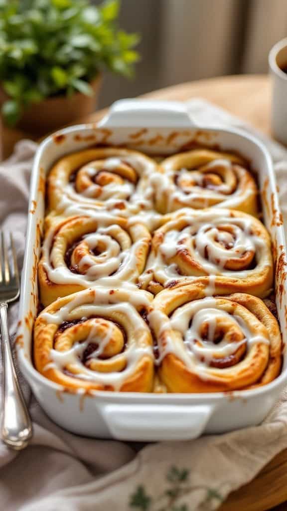 A delicious cinnamon roll breakfast casserole in a dish, drizzled with icing.