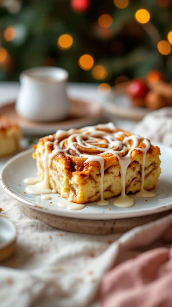 A slice of cinnamon roll casserole drizzled with icing on a plate.