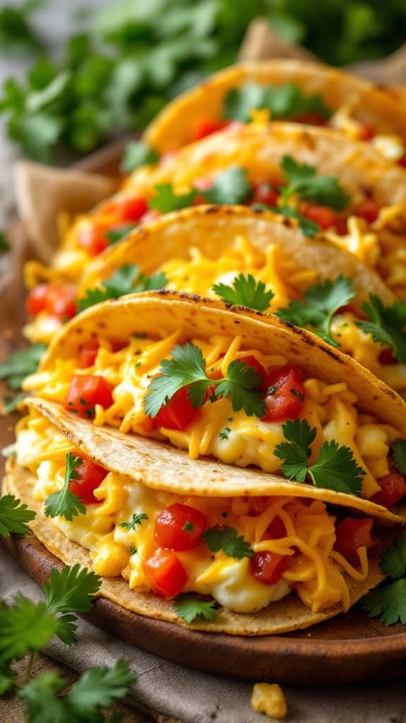 Delicious breakfast tacos with eggs, cheese, and tomatoes topped with cilantro