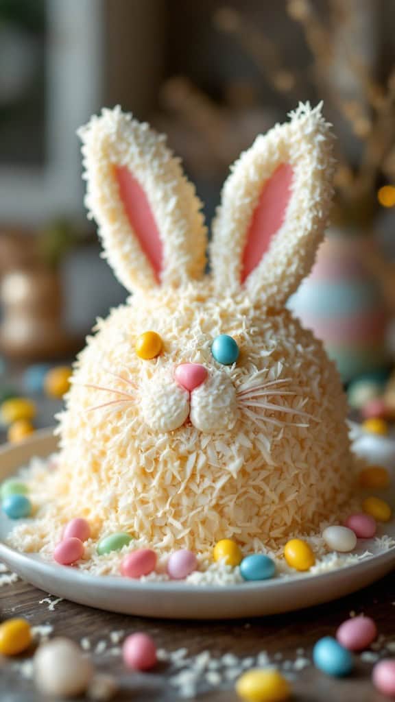 A cute bunny cake decorated with coconut frosting and colorful candies