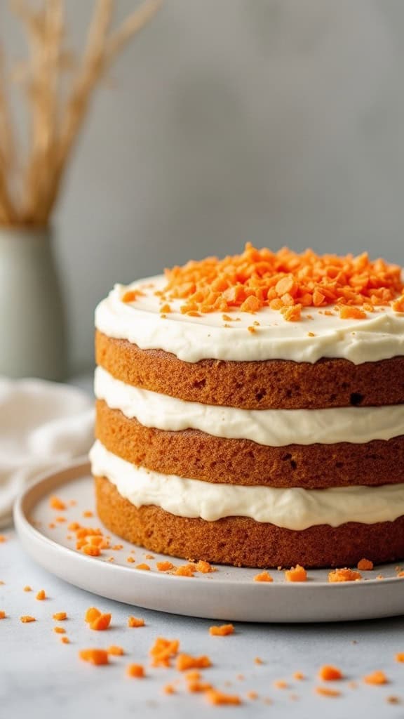 A three-layer carrot cake topped with cream cheese frosting and grated carrots.