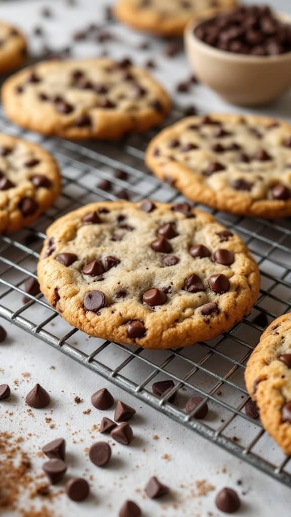 Freshly baked chocolate chip cookies on a cooling rack with chocolate chips scattered around.