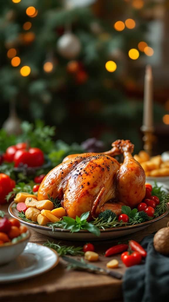 A beautifully roasted chicken served with colorful vegetables and herbs.