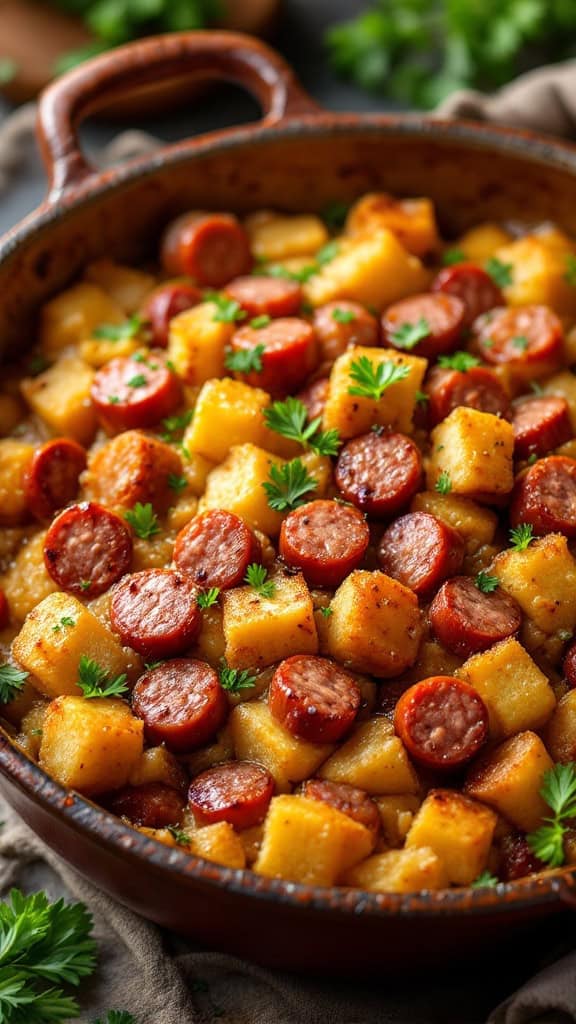 A delicious dish of sausage and bread stuffing with diced potatoes and garnished with parsley.