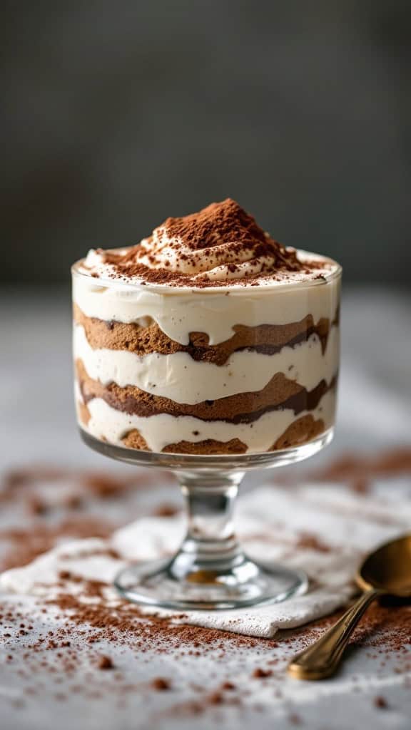 A glass dish filled with layered tiramisu topped with cocoa powder.