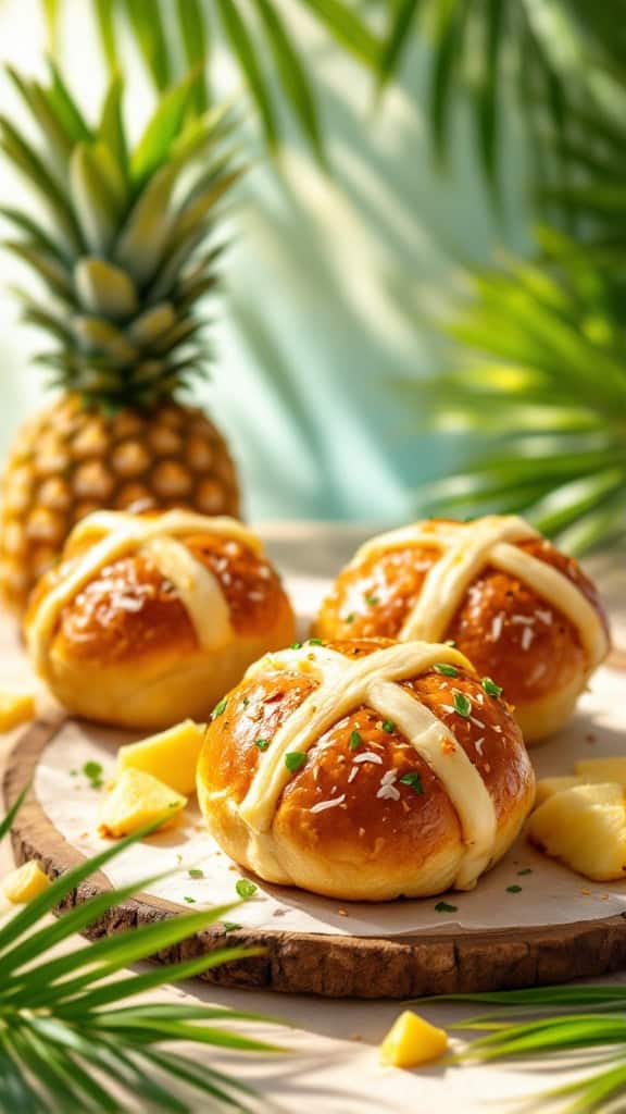 Coconut and pineapple hot cross buns on a wooden board, with one bun cut in half and a glass of orange juice in the background.