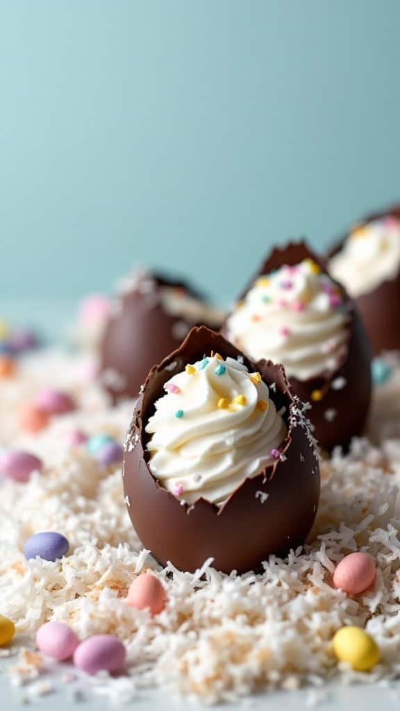 Chocolate eggs filled with coconut cream and topped with whipped cream and sprinkles, surrounded by pastel-colored candies and shredded coconut.