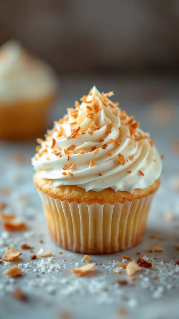 A cupcake with coconut frosting and toasted coconut flakes.