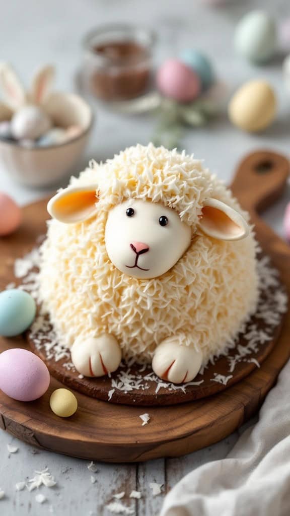 A cute lamb-shaped cake covered in shredded coconut, sitting on a wooden board surrounded by pastel-colored Easter eggs.