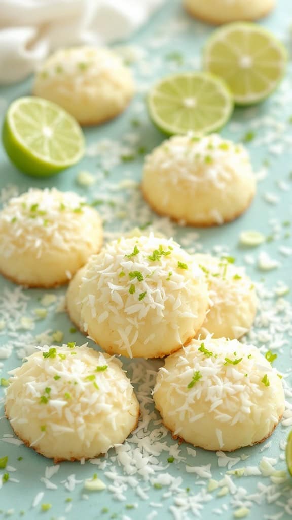 Coconut lime cookies topped with shredded coconut and lime zest on a blue background.