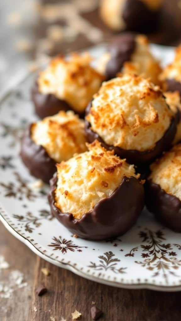 Coconut macaroons dipped in chocolate on a decorative plate.