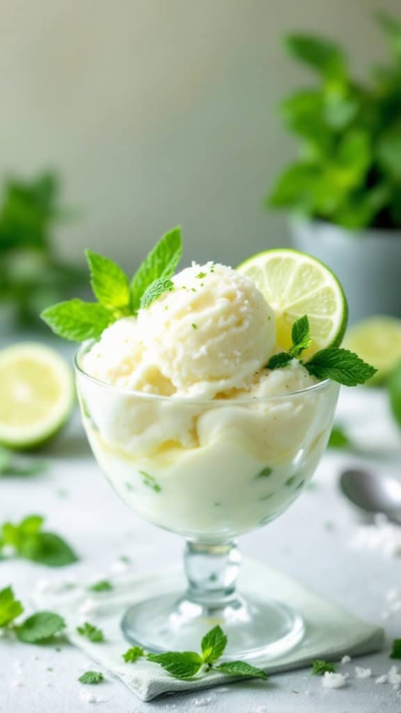 A glass bowl of Coconut Mint Lime Sorbet garnished with mint leaves and lime slices.