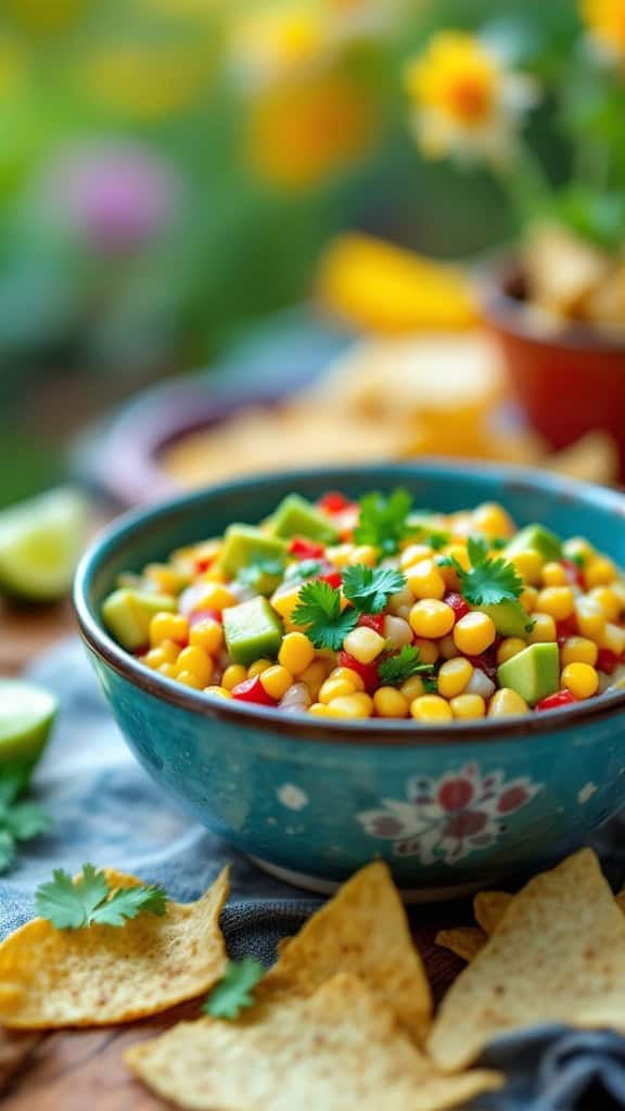 A vibrant bowl of corn and avocado salsa with cilantro, served with tortilla chips