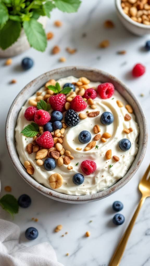 A bowl of cottage cheese topped with raspberries, blueberries, and nuts, surrounded by fresh ingredients.