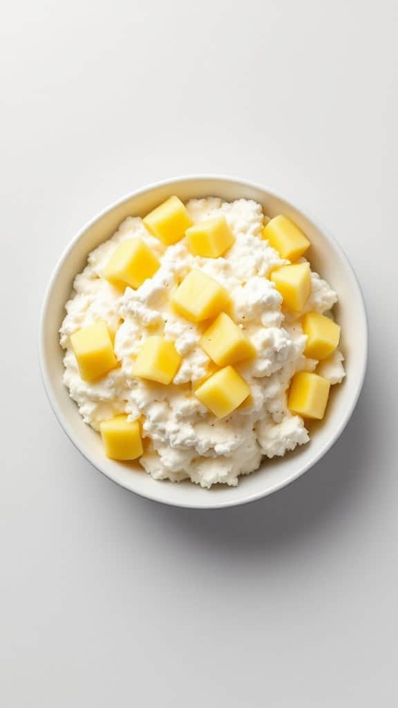 A bowl of cottage cheese topped with pineapple chunks
