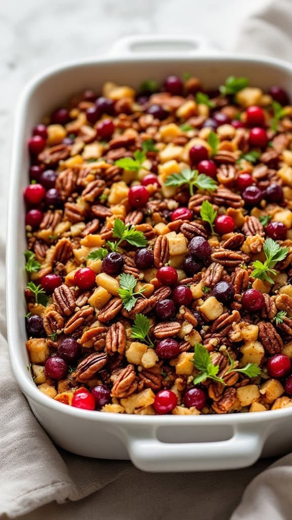 A dish of cranberry and pecan stuffing with fresh berries and nuts.