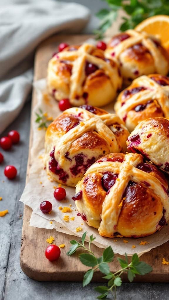 Freshly baked cranberry orange hot cross buns on a wooden board with cranberries and orange slices.