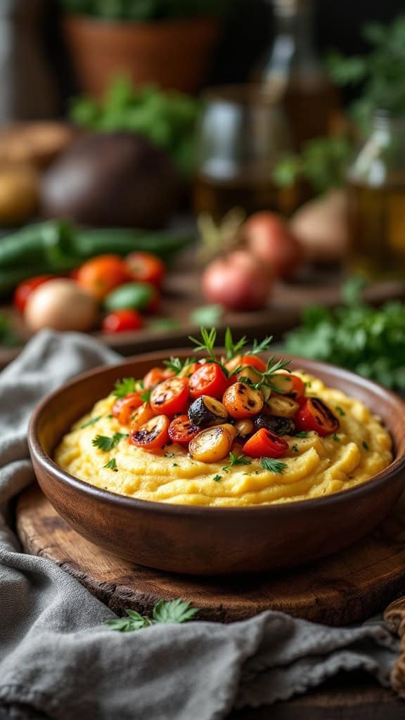 Bowl of creamy polenta topped with grilled vegetables and herbs
