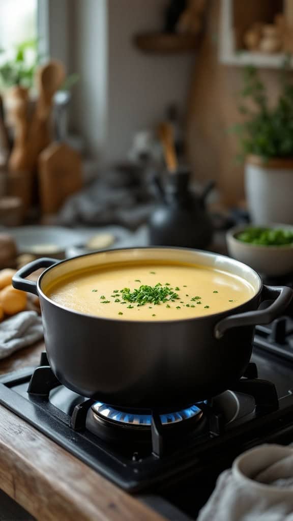 A pot of creamy potato soup garnished with chives on a stove.