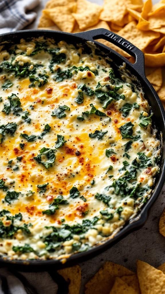 A creamy spinach and artichoke dip in a cast iron skillet, surrounded by tortilla chips.