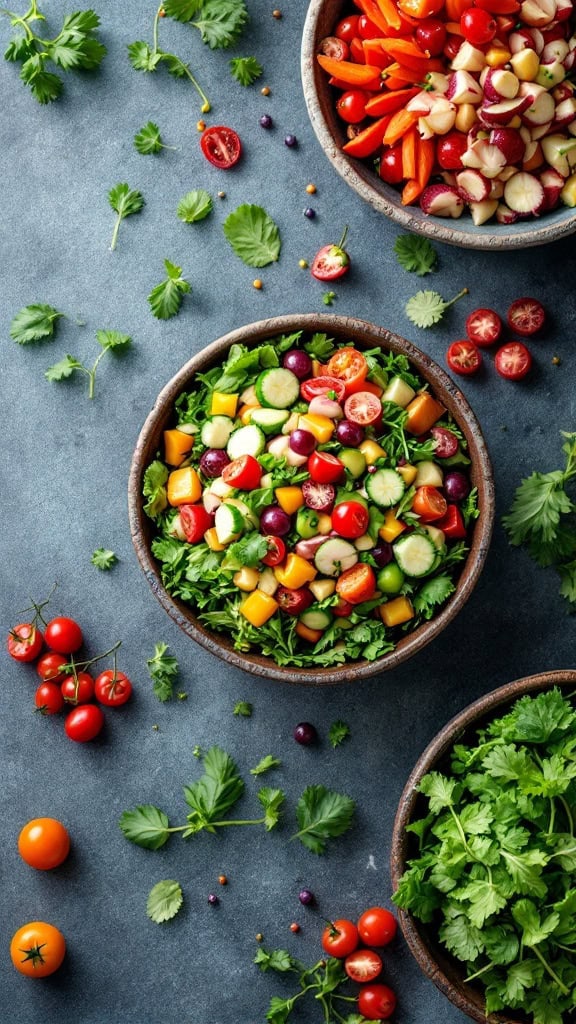 Colorful salad mixes with fresh vegetables in bowls on a table.