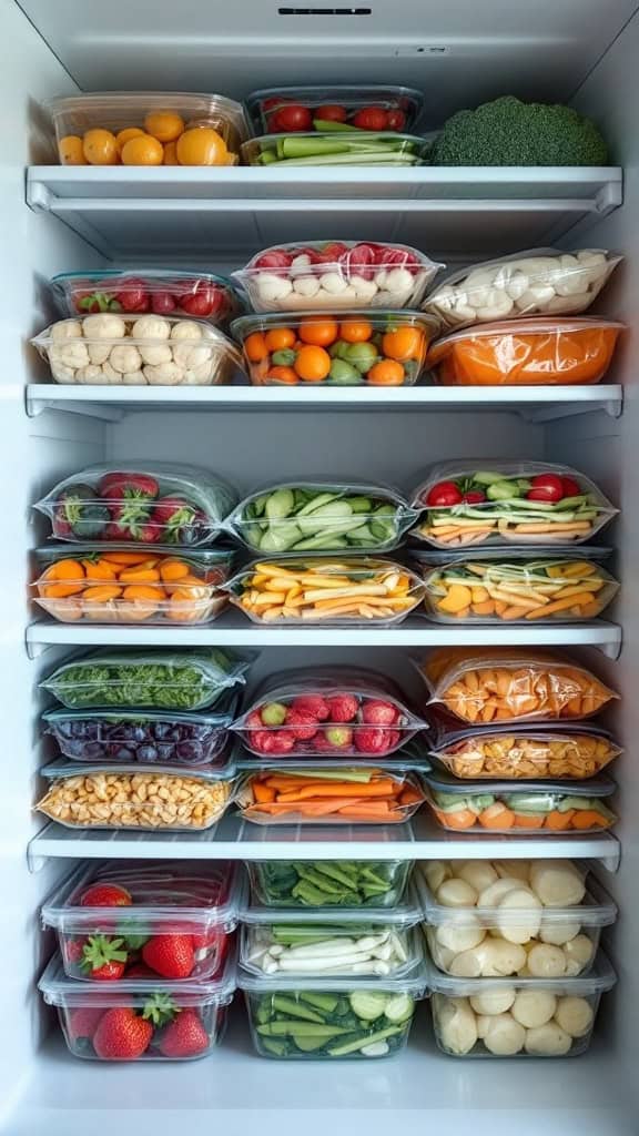 A neatly organized refrigerator filled with fresh fruits and vegetables in containers.