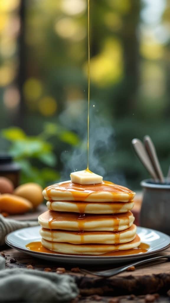 A stack of crispy pancakes with melting butter and maple syrup drizzling down, set in a natural outdoor environment.