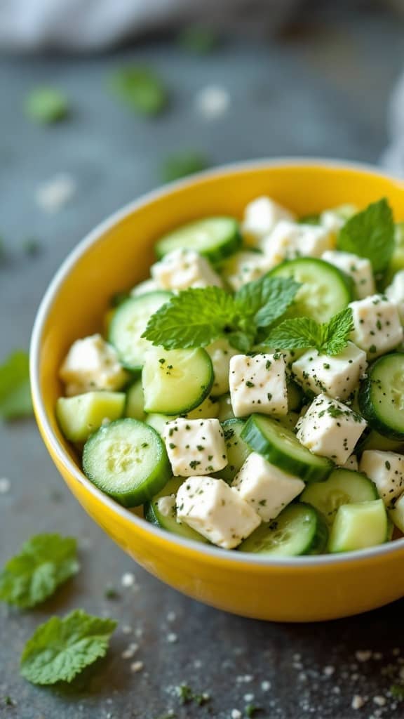 A vibrant cucumber and feta salad with mint in a yellow bowl.
