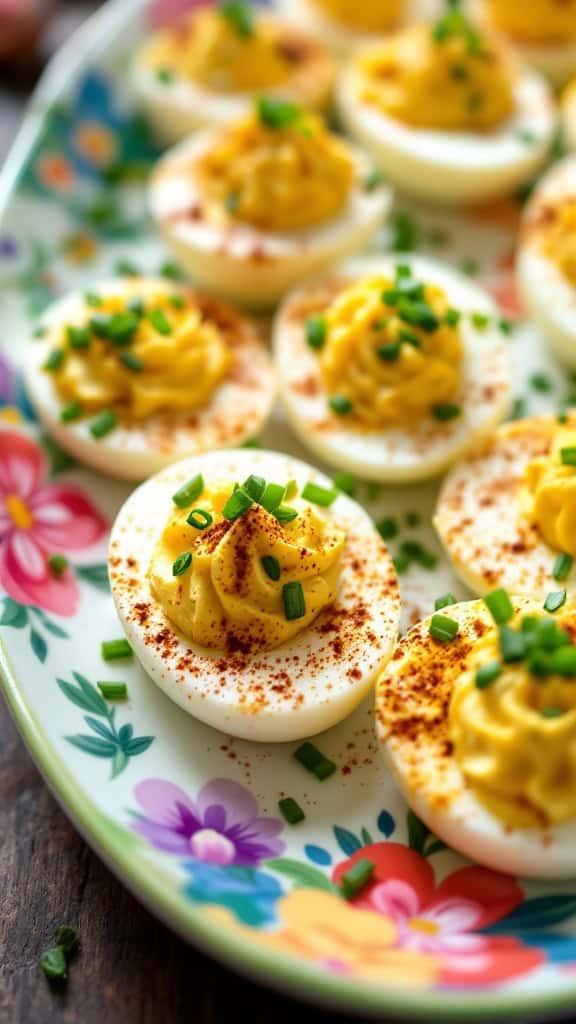 Curried deviled eggs topped with chives on a colorful platter