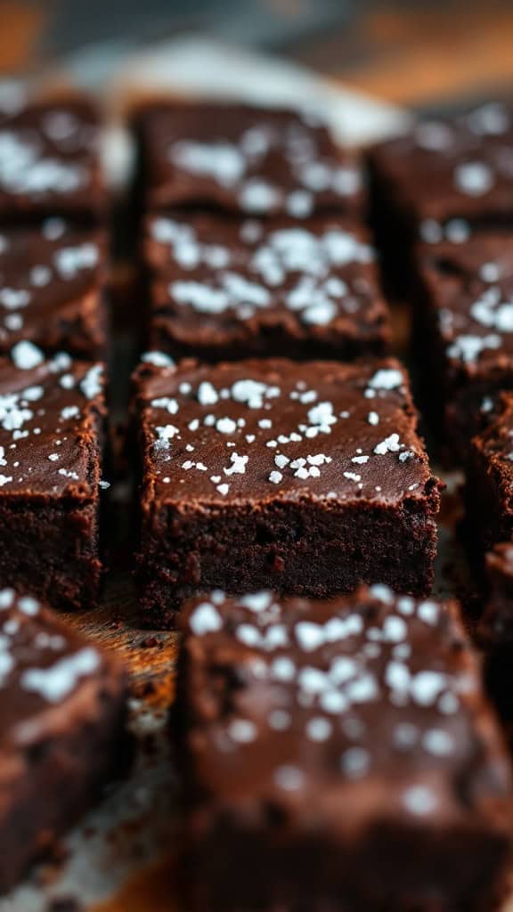 A close-up of dark chocolate brownies sprinkled with sea salt.