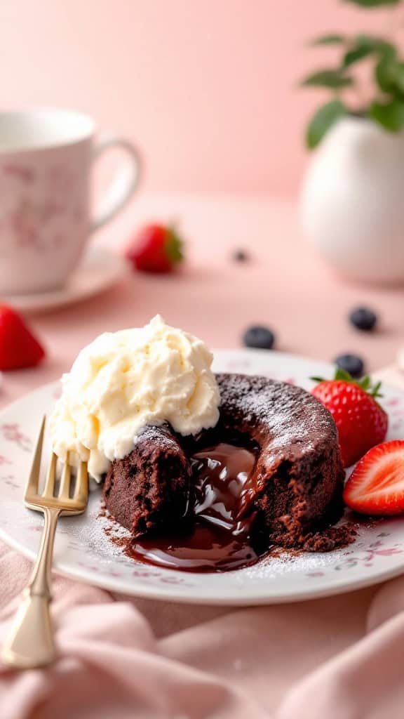 A chocolate lava cake with whipped cream and fresh strawberries on a decorative plate.