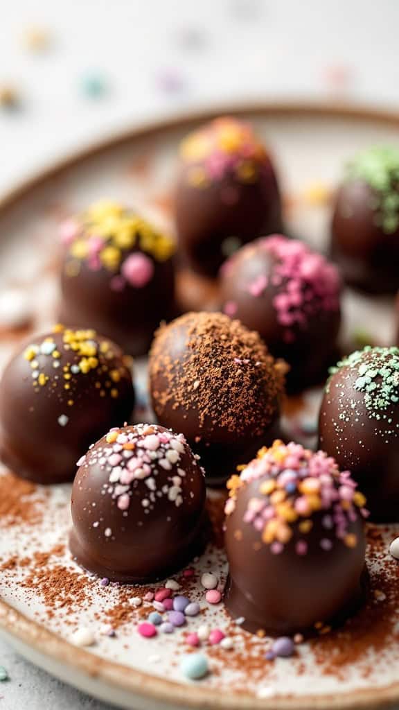 A plate of colorful dark chocolate truffles sprinkled with various toppings.