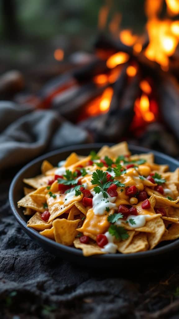A plate of nachos topped with cheese, sour cream, tomatoes, and cilantro, with a campfire in the background.