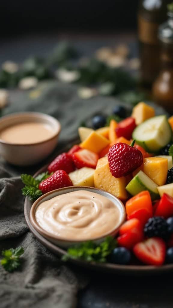A platter of fresh fruits and vegetables with two bowls of dip