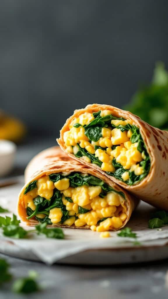 A delicious egg and spinach breakfast wrap cut in half, revealing scrambled eggs and spinach inside.