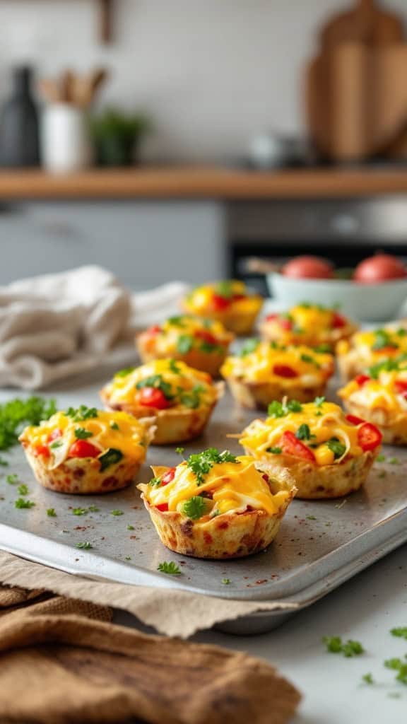 A tray of colorful egg muffins with veggies and cheese, ready for meal prep.