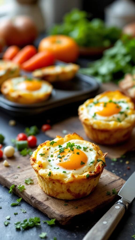 Egg white breakfast muffins topped with parsley and an egg yolk, surrounded by fresh vegetables.