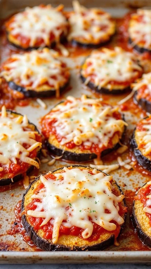 Baked eggplant parmesan stacks topped with cheese and marinara sauce